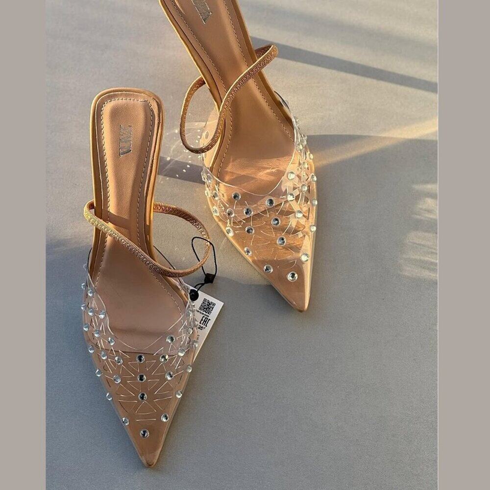 ZARA Rhinestone Slingback Heels NWT Clear Vinyl Pointed Toe Bridal Shoes Size 8 - Picture 15 of 16